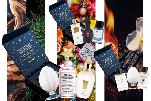 Perfume de nicho con packaging negro y dorado. Enfoque lateral con luz trasera.